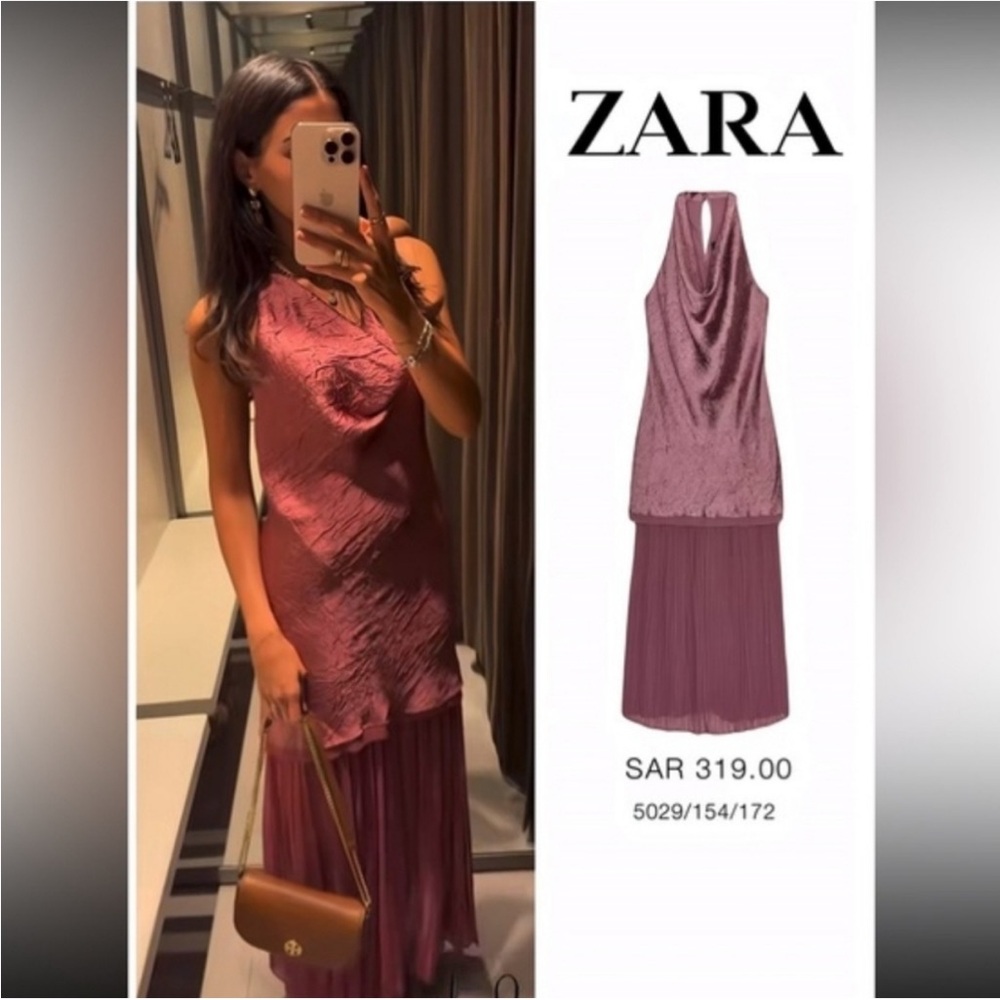 Zara NWT flowy halter cowl neck pleated combination drop waist midi dress